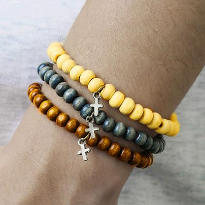 Puka Shell Bracelet for Men Wooden Bracelets Turquoise Stack Beaded Minimalist Trendy Jewelry for Friend Gift - style: 3pcs-Cross