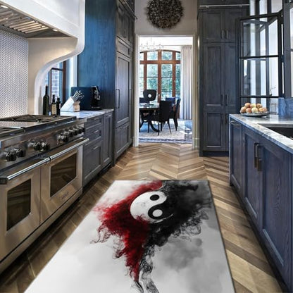 Abstract Yin Yang Area Rug 4x5 Japanese Style Black and Red Ink Art Washable Carpet for Home Meditation Room Yoga Space or Bedroom Decor