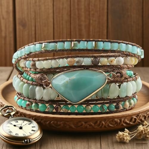 Boho Wrap Bracelet for Women, Handmade Natural Imperial Jasper Multi-Layer Stone Beaded Bracelet, Bohemian Healing Crystal Stone Jewelry Gifts - color: Amazonite #3