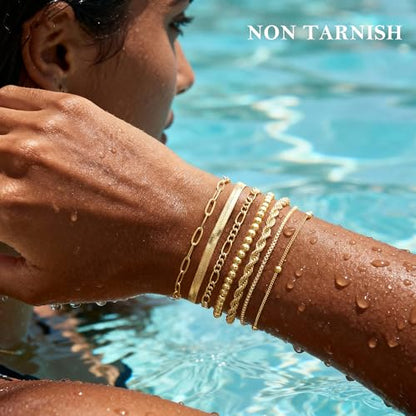 M MOOHAM 7PCS Gold Bracelets for Women - 14K Real Gold Plated Beaded Bracelets Set Rope Paperclip Chain Stackable Bracelet Non Tarnish, Friendship Birthday Jewelry Gifts for Women Teen Girls