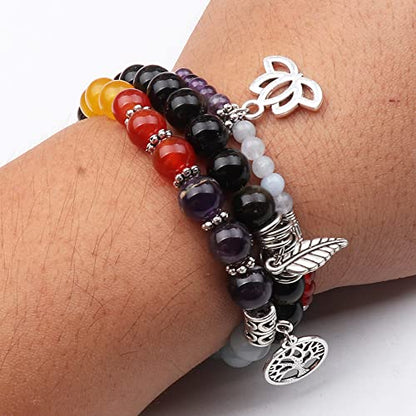 Tree of Life Yoga Healing Stone Bracelets,Multilayer Lotus Chakra Stone Reiki Bracelet Sets,Anxiety Crystal Natural Stone,for Women Stress Relief - style: Chakra+Golden Obsidian
