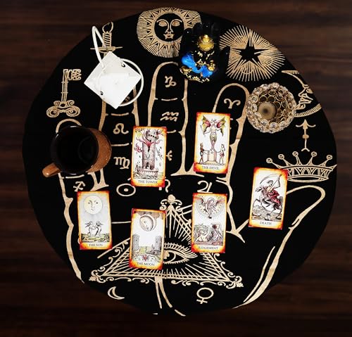 Indian Consigners Palmistry Altar Cloth Celestical Tarot Deck Alter Square Wall Hanging Tablecloth Sacred Place Home Décor Moon Faces Astrology Zodiac Golden Palm - color: Golden Palm