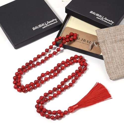 8MM Beads Chakra Long Mala Necklace Natural Stone Meditation Statement Necklace Japa Yoga Buddhist Rosary Prayer Charm Beaded Tassel Necklace - color: Red Turquoise