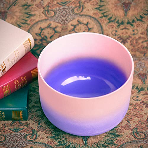 KVKA 8 inch F Note Rainbow Heart Chakra Pink-Puprle Color Frosted Quartz Crystal Singing Bowl with Carrying Case for Yoga Meditation and Sound Healing