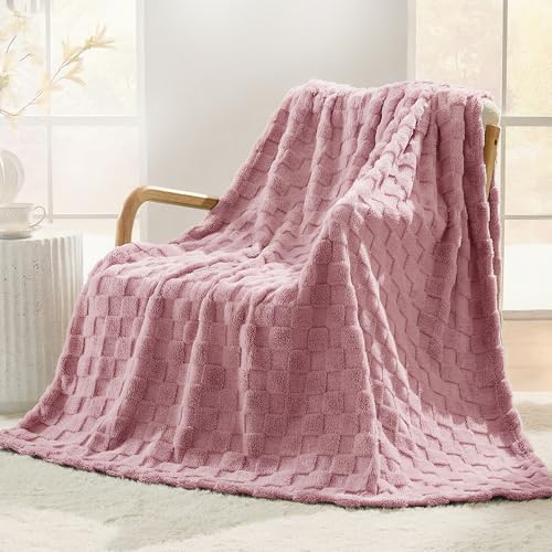 Plum Pink Textured Checkered Throw Blanket, 330GSM Soft Plush Fleece Blanket for Couch Sofa Bed, Cozy Decorative Giftable Home Blanket,50x60 Inches - color: Plum Pink, size: Throw(50"x60")
