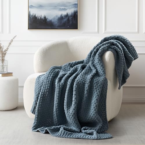 EVERGRACEHOME Chunky Chenille Knit Throw Blanket for Couch, Soft Luxurious Moss Stitch Blankets for Bed, Cozy Decorative Farmhouse Knitted Throws for Sofa, Stormy Blue, 60" x 80" - color: Stormy Blue, size: 60" X 80"