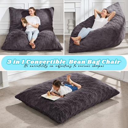 Hobestluk 3 in 1 Bean Bag Chair Giant Bean Bag Chairs for Adults with Plaid Cover Convertible Bean Bag Floor Cushion with Machine Washable Cover for Living Room (Plaid Dark Grey) - color: Jet Grey