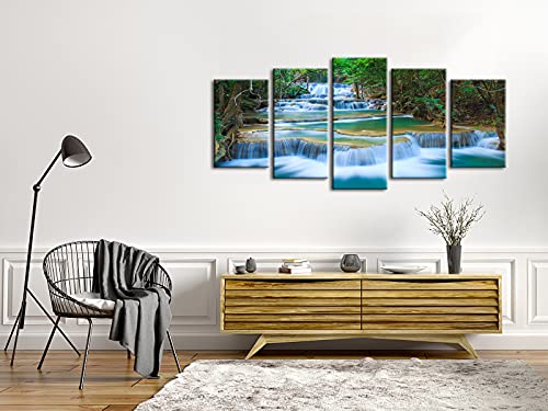 Wieco Art Peaceful Waterfall Canvas Prints Wall Art Green Trees Pictures Paintings for Living Room Bedroom Home Decorations Modern 5 Piece Stretched and Framed Forest Landscape Giclee Artwork - size: 10x16inchx2pcs,10x20inchx2pcs,10x24inchx1pc