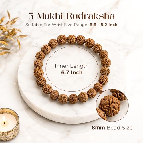 Himalayan Nepali Rudraksha Bracelet 5 face Authentic Genuine Certified Rudraksh Beads for Man & Woman Wearing & Puja Prayer Beaded Meditation - color: One Bracelet