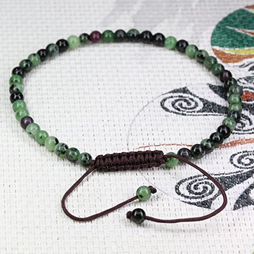 Keleny Natural Gemtones 4mm Round Beads Crystal Adjustable Braided Macrame Tassels Bracelets Unisex - color: Green Ruby in Zoisite