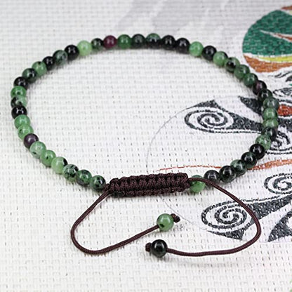 Keleny Natural Gemtones 4mm Round Beads Crystal Adjustable Braided Macrame Tassels Bracelets Unisex - color: Green Ruby in Zoisite