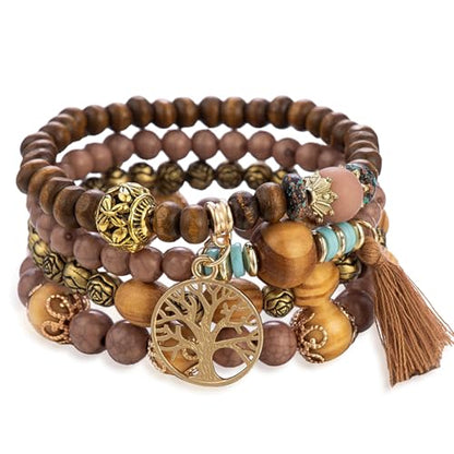 Stackable Stretch Bracelets for Women Tree of Life Bead Bracelet Boho Jewelry - color: 1-Tree-Brown