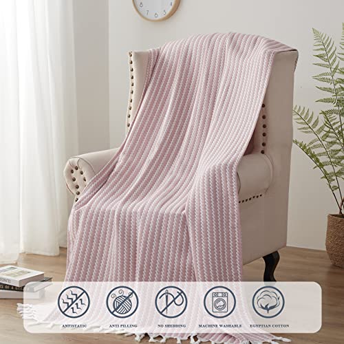 SE SOFTEXLY Muslin Blanket Throw 50x60, Jacquard Summer Cooling Blanket Cozy Organic Egyptian Cotton Bed Spread for Bed Couch Breathable Lightweight Keep Body Cool for Hot Sleepers - color: Vertical Pink