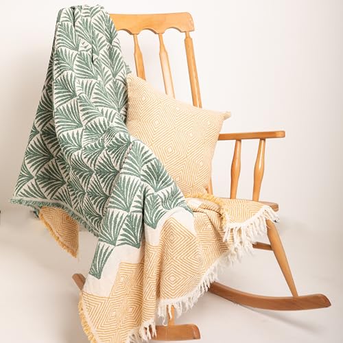 Throw Blanket, Palm Leaf and Diamond Patterns, 70x50 inches - color: Green/Orange
