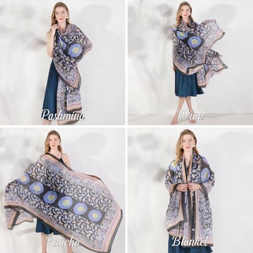 100% Mulberry Extra Large Silk Pashmina Scarf Shawls And Wraps For Women Evening Dress Summer Travel Floral Blanket - color: 77 Black&pink
