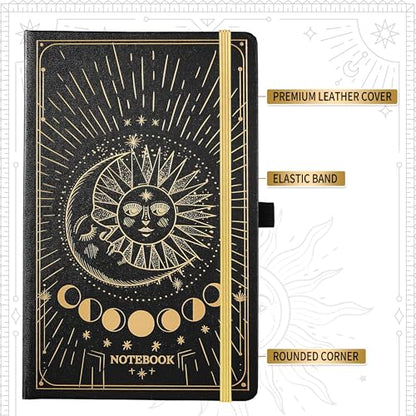 Artfan Ruled Notebook/Journal – Premium Thick Paper Classic Writing Notebook with Pocket + Page Dividers Gifts, Banded, Large, 128 Pages, Hard Cover, Lined (5.3" x 8.26") - Sun and Moon - color: BLACK17