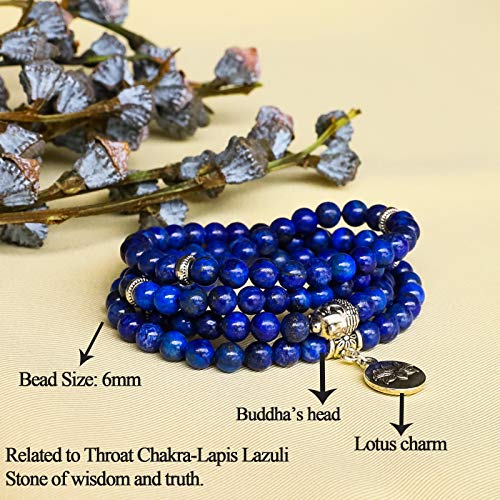 Bivei 108 Mala Beads Necklace Long Beaded Wrap Bracelets Genuine Gemstone Mala Prayer Beads Lotus Buddha Charm Yoga Meditation Necklace - color: Lapis Lazuli-Lotus OM-Buddha