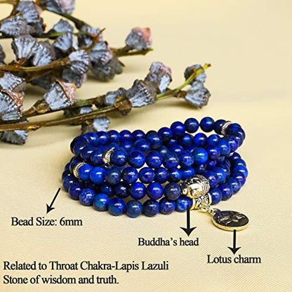 Bivei 108 Mala Beads Necklace Long Beaded Wrap Bracelets Genuine Gemstone Mala Prayer Beads Lotus Buddha Charm Yoga Meditation Necklace - color: Lapis Lazuli-Lotus OM-Buddha