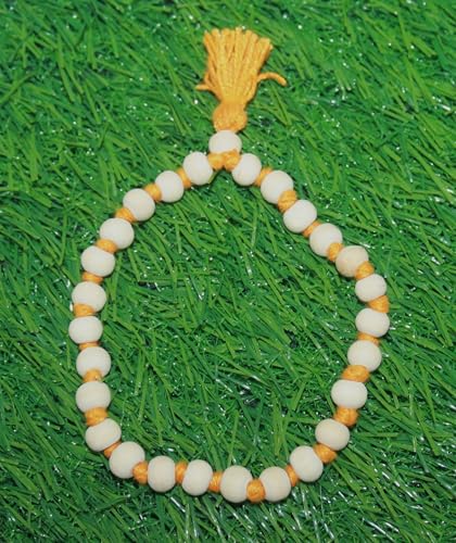 White Tulsi Beads Sumarni Mala (Bracelet) 27+1, 8MM Beads Mala Rosray, Tulsi Sumrni Mala, for Meditation and Spiritual Practice (Orange Thread)