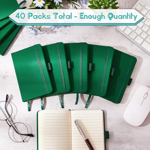 40 Pieces Small Notebooks A6 Pocket Journals 3.5 x 5.5 Inch Small Leather Notebook Mini Ruled Lined Journal with Elastic Band Pen Holder Page Marker Ribbons (Green) - color: Green