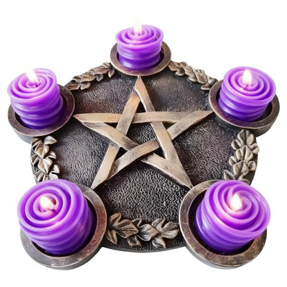 Golden Pentacle Star Tealight Holder, 8.7 In Resin Altar Plate, 5 Sockets, Altar Supplies For Rituals And Home Decor