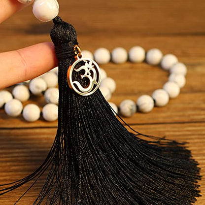 COAI OM Charm Hand Knotted Tassel 108 Mala Beads Necklace - color: Howlite, size: 8mm