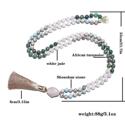 108 Mala Prayer Beads Necklace Natural Stones Meditation Yoga Jewery 108 Hand Knotted Japa Mala Beaded Long Tassel Necklace with Tree of Life Pendant for Men and Women - color: green+blue+white