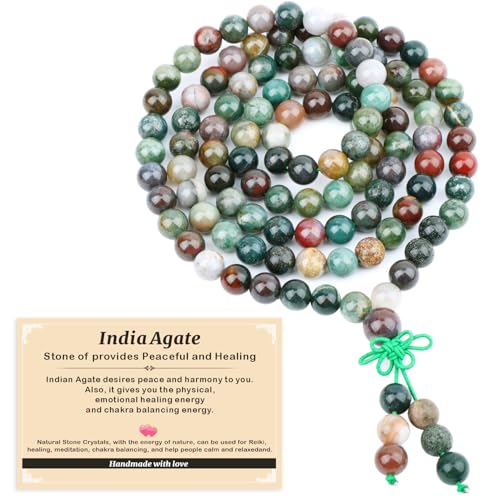 AD Beads 6mm 8mm 108 Prayer Mala Jasper Elastic Bracelet - Handmade Yoga Meditation Healing Power Energy Gifts for Unisex Adult. - color: India Agate(Peaceful)