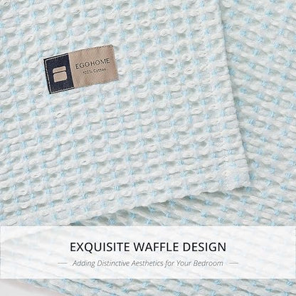 Lightweight Cotton Waffle Throw Blanket, Modern Two-Tone Check Pattern, Soft & Breathable for Bed, Couch, Sofa, All Seasons –Light Blue/White, 50"x60" - color: Blue/White, size: King