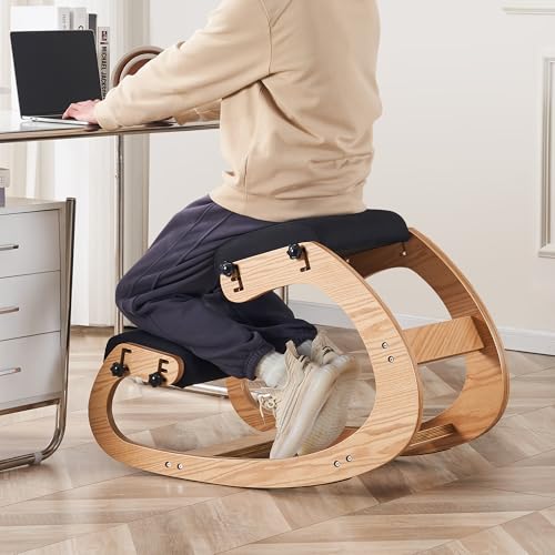 Ergonomic Kneeling Chair, Adjustable Rocking Office Chair Wooden Knee Chair Posture Chair for Home Office Back Pain Relief, Black - color: Black