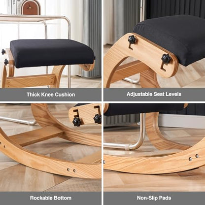 Ergonomic Kneeling Chair, Adjustable Rocking Office Chair Wooden Knee Chair Posture Chair for Home Office Back Pain Relief, Black - color: Black