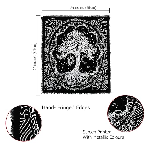 Indian Consigners Tree of Life Altar Cloth Tapestry Tablecloth Celtic Trees Ritual Spiritual Cloth for Sacred Places, Cotton Square Tarot Table Cover 24 by 24 Sacred - color: Silver Sun Moon Tree, size: 24" x 24" (Square)