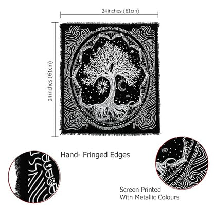 Indian Consigners Tree of Life Altar Cloth Tapestry Tablecloth Celtic Trees Ritual Spiritual Cloth for Sacred Places, Cotton Square Tarot Table Cover 24 by 24 Sacred - color: Silver Sun Moon Tree, size: 24" x 24" (Square)