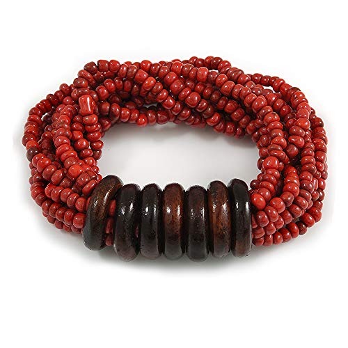 Avalaya Multistrand Red-Brown Glass Bead with Wooden Rings Flex Bracelet - Medium