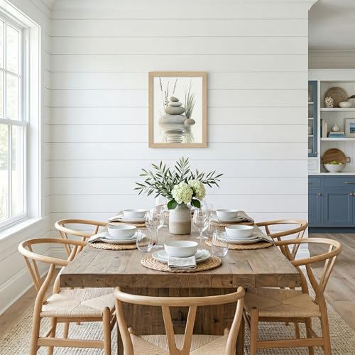Calming Zen Stone Framed Wall Art - Serene Rock Balance with Water Reflection and Reeds, Natural Wood Frame Perfect for Bathroom, Spa, Living Roomor Meditation Decor 8''x10 Inch