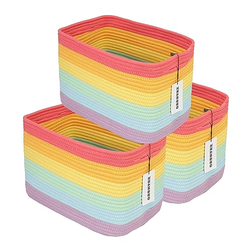 XUANGUO 3-Pack Rainbow Storage Baskets 15X10X9.3“ – Woven Toy Organizer Bins for Kids, Baby Room, Nursery, and Classroom – Cute Square Rope Baskets for Shelves and Organization Rainbow - color: Rainbow red