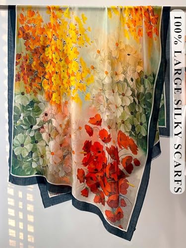 Large Shawl Scarf For Women Lightweight Wraps Silky Headscarf Long Sunscreen Scarfs - color: T18 Brilliant Flowers / 70"x 35"