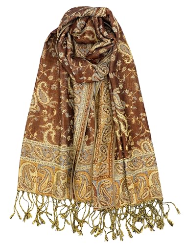 Achillea Reversible Paisley Pashmina Rave Scarf – Exotic Indian Shawls and Wraps for Evening Dresses, Festivals, All Seasons - color: Brown