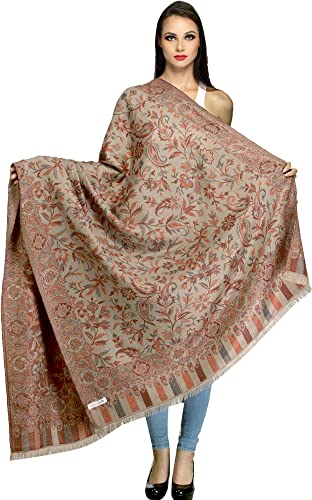 Exotic India Women Reversible Jamawar Wool Shawl with Woven Flowers | Ethnic Beautiful Floral Weave Stole, Dupatta - color: Warm Sand