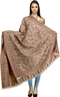 Exotic India Women Reversible Jamawar Wool Shawl with Woven Flowers | Ethnic Beautiful Floral Weave Stole, Dupatta - color: Warm Sand