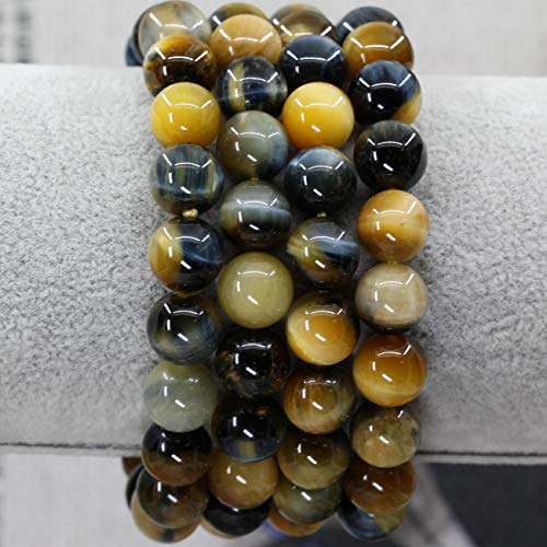 Amandastone Natural Gemstone 10mm Round Beads Stretch Bracelet 7 Inch - color: Golden Blue Tiger Eye