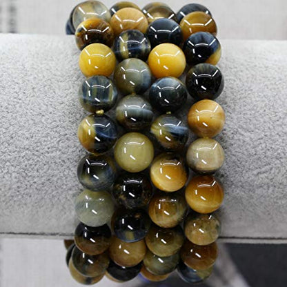 Amandastone Natural Gemstone 10mm Round Beads Stretch Bracelet 7 Inch - color: Golden Blue Tiger Eye