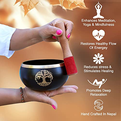 Tibetan Tree Of Life Singing Bowl Mallet Cushion Set ~ For Meditation, Yoga, Spiritual Healing and Mindfulness ~ Extra Large Black - color: Black