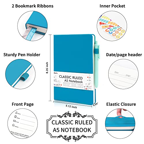 feela 3 Pack Notebooks Journals Bulk, Hardcover Notebook Classic Ruled Lined Journal Set with Pen Holder for Work Business Journaling Note Taking, with 3 Black Pens, 120 GSM, 5.1”x8.3”, A5, Teal - color: 3 Teal