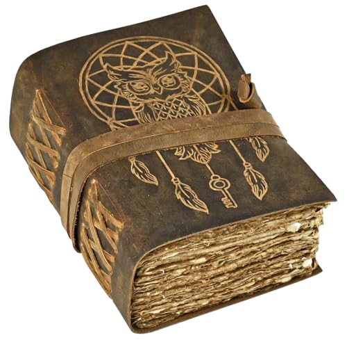 Urooj Handicraft 400 Page Book Of Shadows journal blank dream catcher with owl leather witchcraft books grimoire spell sketchbook college poetry personal notebooks (Owl 2) - color: Owl 2