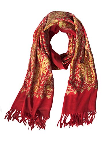 Urban CoCo Women's Embroidered Oversize Tassel Shawl Scarf Wraps for Women - color: #3-red
