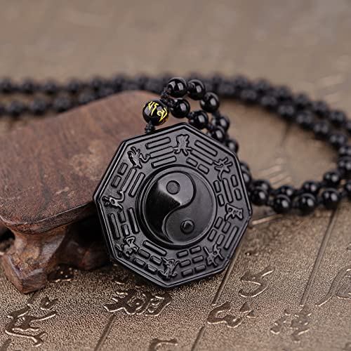 Black Obsidian Necklace Natural Crystal Amulet Protection Pendant with Adjustable Rope Lucky Talisman Necklaces Jewelry Gift for Men Women - color: Yin Yang