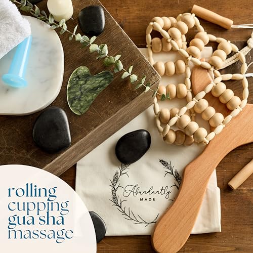 Abundantly Made Co. 7-Piece Lymphatic Drainage Massage Kit | Dry Brush, Wooden Paddle, Rope Roller, Jade Gua Sha, Silicone Cup, Linen Bag & E-Book | Wood Therapy, Maderoterapia & Body Sculpting Tools