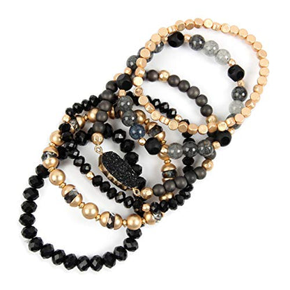 RIAH FASHION Bohemian Acrylic Druzy Multi-Layer Bead Statement Bracelet - Versatile Faux Stone Pendant Stretch Strand Stackable Cuff Bangle Set Sparkly Crystal - color: Bohemian Oval Druzy Set - Black
