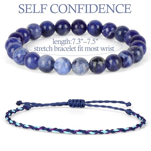 QOGIR 2pcs Handmade Healing Bracelet, Natural Gem Stone Crystal Elastic Bracelet - color: Blue Sodalite(Self Confidence), size: 8mm